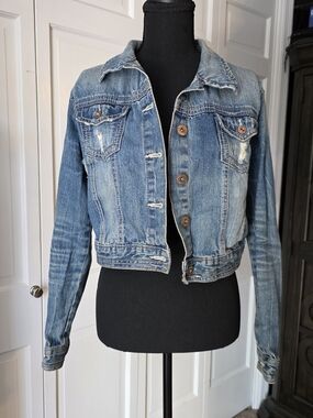 Y2K Cropped Distressed Denim Jacket Fitted Vintage Style Indie Sleaze Size L